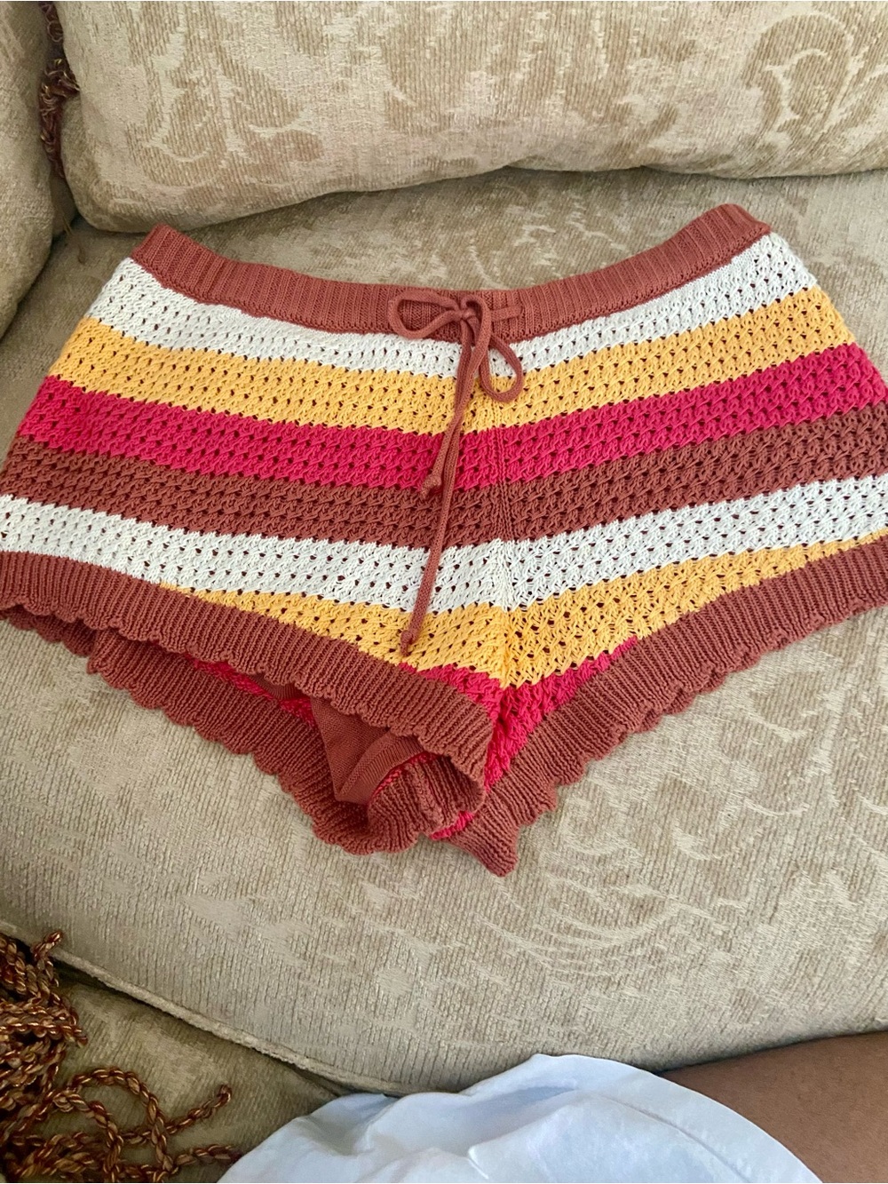 PINK Victoria's Secret Striped Crochet Knit Shorts - Rust, Pink, Yellow, White